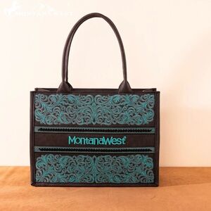 NWT Montana West Black Tote Bag with Teal Embroidery